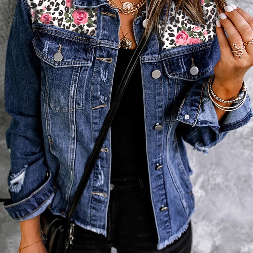 Floral & Leopard Print Patchwork Denim Jacket Size small